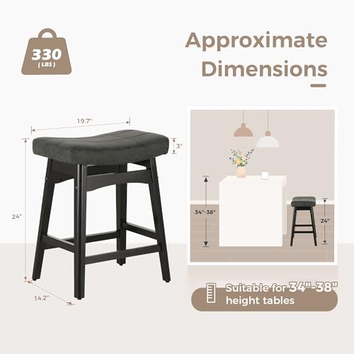 Black Counter Height Bar Stools Set of 2 for Kitchen Counter - Farmhouse Style with Solid Wood Legs and Faux Leather Seats - 24in Height