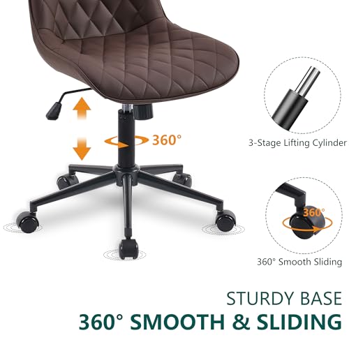 Armless Office Chair with Wheels and Swivel for Home Office or Vanity - Brown