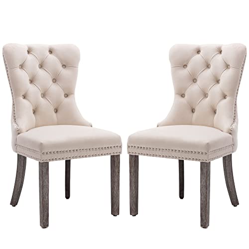 Beige Velvet Modern Dining Chair Set of 2 for Kitchen