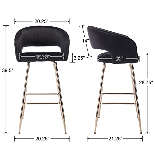 Simplified title: Set of 2 Black Velvet Bar Stools with Gold Upholstery, Modern Kitchen Island Chairs