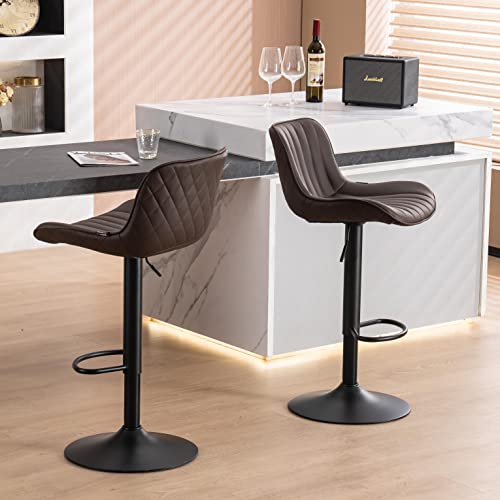 Modern Brown Counter Height Bar Stools with Backs, Set of 2 - Adjustable Swivel Barstools for Kitchen Island