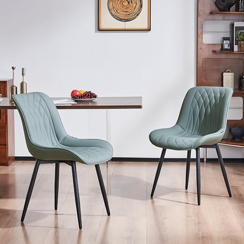 Modern High Back Dining Chairs Set of 2 in Greyish Green Faux Leather with Metal Legs