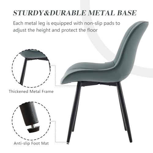 Modern High Back Dining Chairs Set of 2 in Greyish Green Faux Leather with Metal Legs