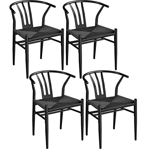 Mid-Century Black Rattan Dining Chairs Set of 4 for Kitchen and Living Room