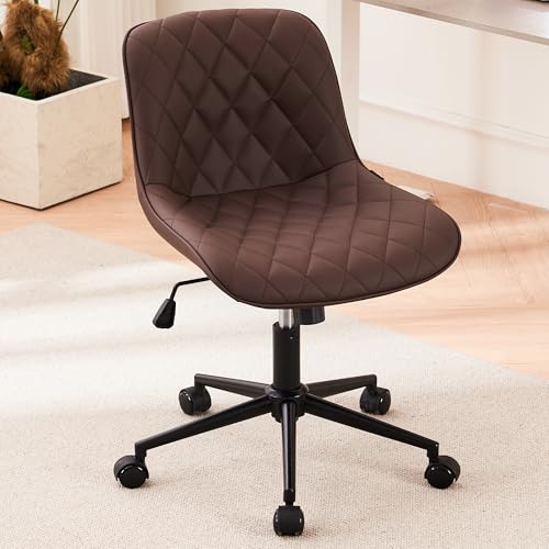 Armless Office Chair with Wheels and Swivel for Home Office or Vanity - Brown