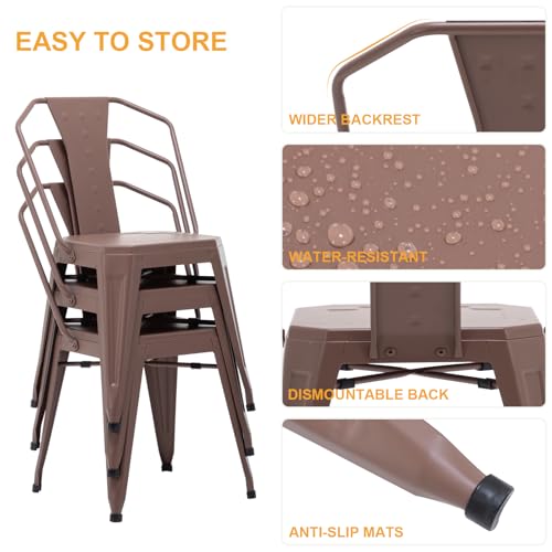4-Piece Modern Stackable Metal Dining Chairs with High Backrest, Brown