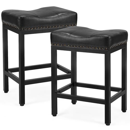 Set of 2 Modern Black PU Leather Bar Stools for Kitchen Island, 24 inch Counter Height
