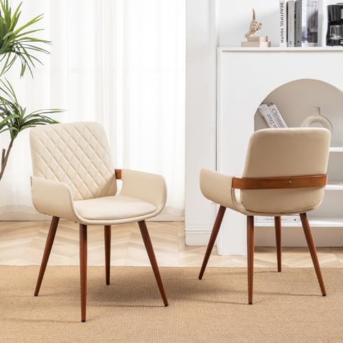 Mid Century Modern Dining Chairs Set of 2 - Cream White Color