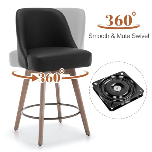 3-Piece Set of Mid-Century Bar Stools with Swivel and Back, 26 Inch Seat Height, Black PU Leather Upholstery - For Kitchen Island, Bar, Pub