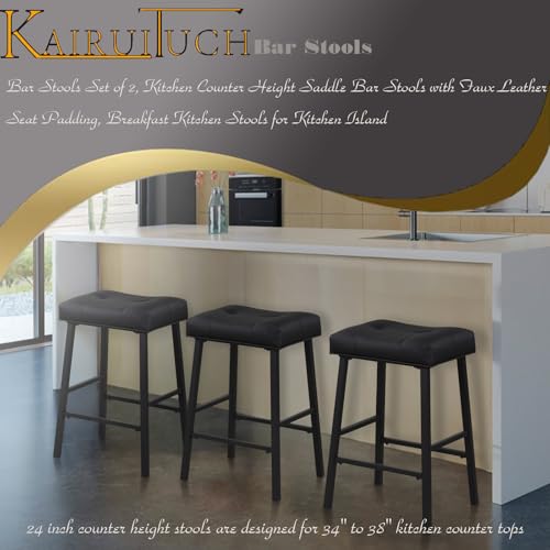 Black Saddle Bar Stools 24" Height, Upholstered Seat - Kitchen & Dining