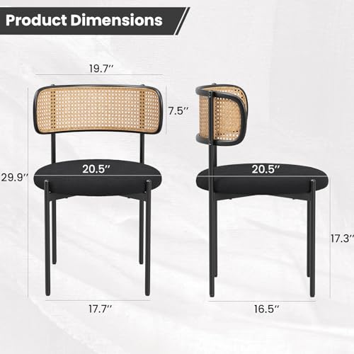 Modern Upholstered Dining Chairs Set of 4 with Rattan Back, Metal Legs - Black.