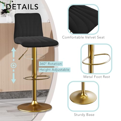 Black Velvet Bar Stools Set of 2 for Kitchen Counter with Adjustable Height and Swivel Seat