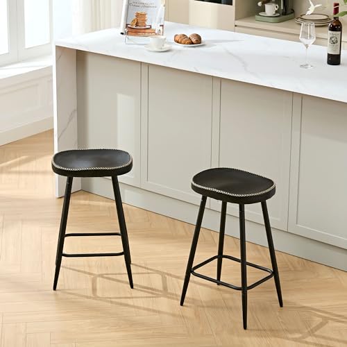 Modern Black Faux Leather Bar Stools for Kitchen Island (24" High) Set of 2