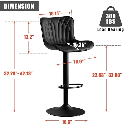 2 Black Swivel Bar Stools with Back, Adjustable Height - 24 inch Counter Stools for Kitchen Island