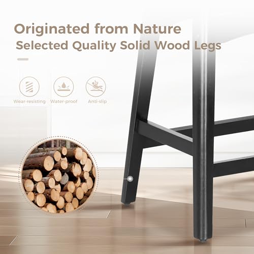 Black Counter Height Bar Stools Set of 2 for Kitchen Counter - Farmhouse Style with Solid Wood Legs and Faux Leather Seats - 24in Height
