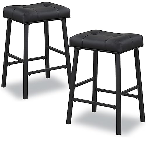 Black Saddle Bar Stools Set of 2, 24 Inch Height with Upholstered Seat - for Kitchen and Dining