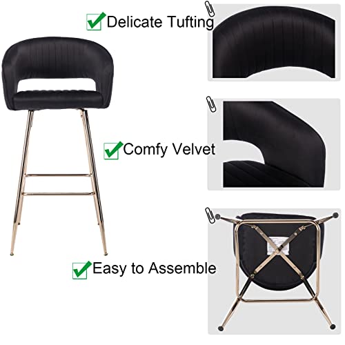 Elegant Set of 2 Black Velvet Bar Stools with Gold Upholstery
