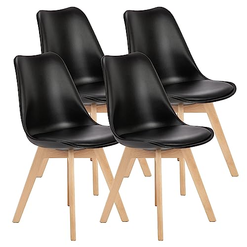 Set of 4 Mid-Century Modern Dining Chairs with PU Leather Cushion and Wood Legs, Black - For Dining, Living Room, Bedroom, and Outdoor Lounge