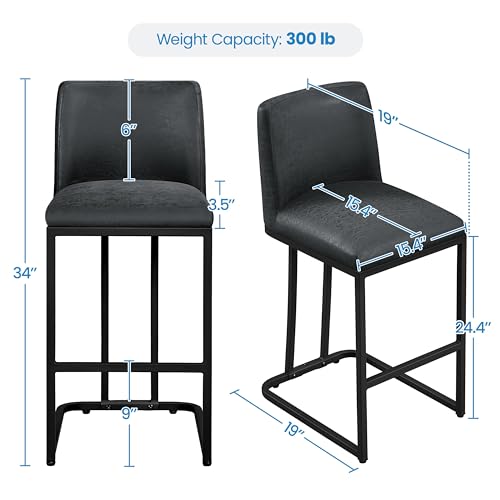 Modern Leather Bar Stools Set of 2 - 24'' Counter Height Chairs for Kitchen Counter
