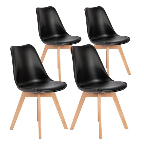 Mid-Century Modern Black Dining Chair Set with Wood Legs and PU Leather