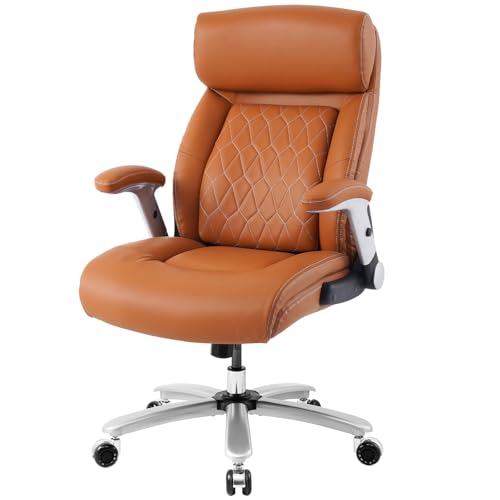 Brown Leather Executive Office Desk Chair with Adjustable Tilt Angles and Lumbar Support