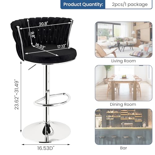 Black Velvet Swivel Bar Stools for Kitchen Island - Counter Height with Backrest & Footrest