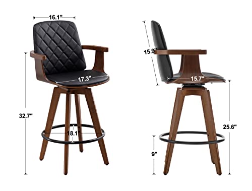 2 Upholstered Faux Leather Swivel Barstools with Wooden Arms and Legs, 25.6-Inch Seat Height - Black, 26 Counter Height
