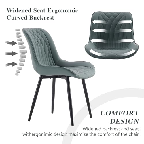 Modern High Back Dining Chairs Set of 2 in Greyish Green Faux Leather with Metal Legs