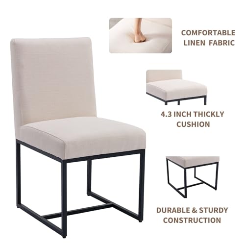 Modern Dining Chairs Set of 4, Linen Fabric with Black Metal Frame - Cream