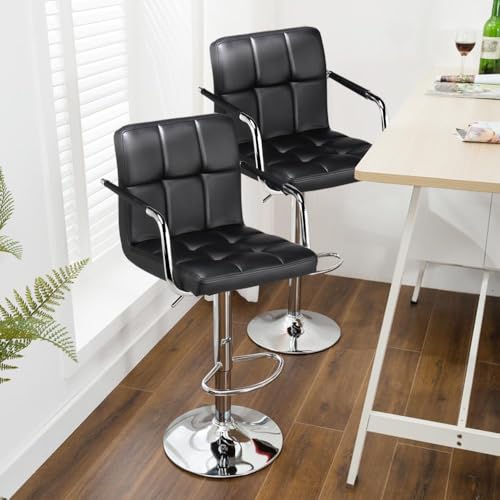 Modern Kitchen Bar Stools Set of 2 with Armrest and Back - Black
