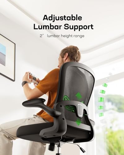 Mesh Back Office Chair with Adjustable Lumbar Support and Flip-up Armrests for Home Office (Bright Black)