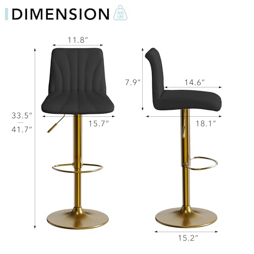 Black Velvet Bar Stools Set of 2 for Kitchen Counter with Adjustable Height and Swivel Seat