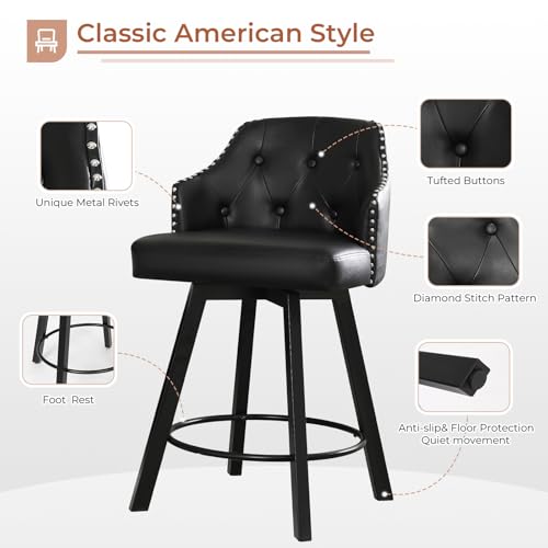 Black Leather Swivel Bar Stools Set of 2, Button Tufted Counter Height Chairs for Kitchen Island