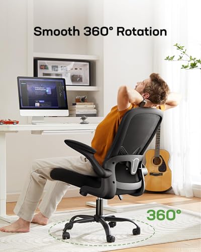 Mesh Back Office Chair with Adjustable Lumbar Support and Flip-up Armrests for Home Office (Bright Black)
