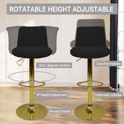 Black Velvet Bar Stools Set of 2 for Kitchen Counter with Adjustable Height and Swivel Seat