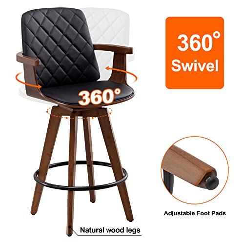 2 Upholstered Faux Leather Swivel Barstools with Wooden Arms and Legs, 25.6-Inch Seat Height - Black, 26 Counter Height