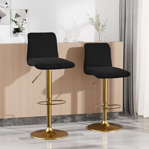 Black Velvet Bar Stools Set of 2 for Kitchen Counter with Adjustable Height and Swivel Seat