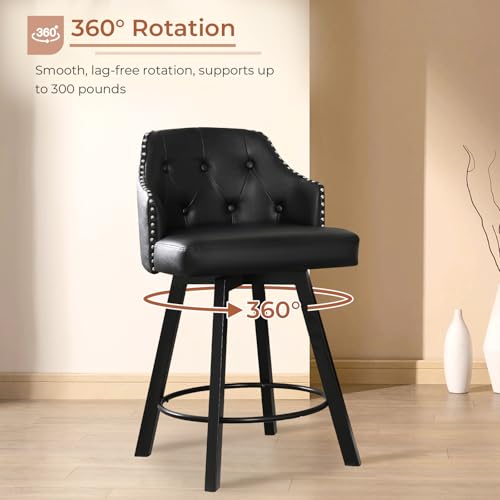 Black Leather Swivel Bar Stools Set of 2, Button Tufted Counter Height Chairs for Kitchen Island