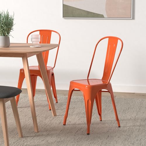 Metal Dining Chair Set for Kitchen, Dining Room, Café, Restaurant, Bistro, Patio - 18 Inch, Stackable, Waterproof Indoor/Outdoor - Set of 4 (Orange, Steel Seat)