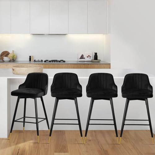 Black Velvet Swivel Bar Stools, 4 Pack, 25.6" Seat Height, Kitchen Counter