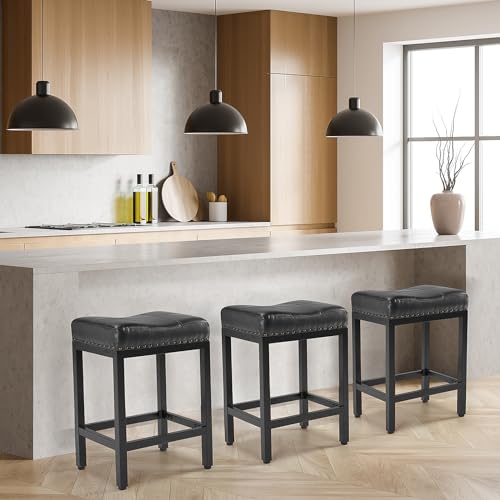 Elegant Black PU Saddle Stools, 24 Inch Height, for Kitchen Bar Island