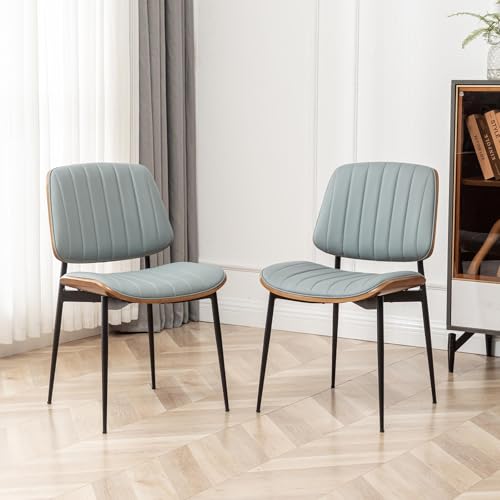 Set of 2 Mid Century Modern Blue Faux Leather Dining Chairs