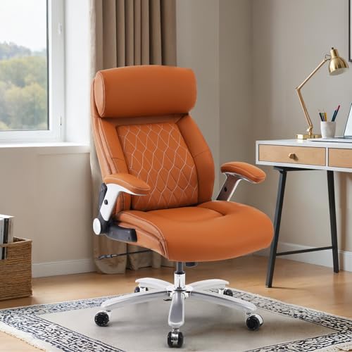 Brown Leather Executive Office Desk Chair with Adjustable Tilt Angles and Lumbar Support