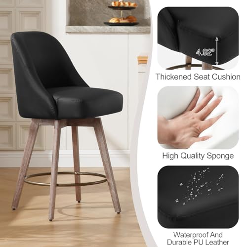 3-Piece Set of Mid-Century Bar Stools with Swivel and Back, 26 Inch Seat Height, Black PU Leather Upholstery - For Kitchen Island, Bar, Pub