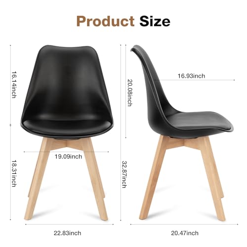 Mid-Century Modern Black Dining Chair Set with Wood Legs and PU Leather