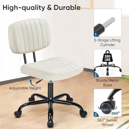 Armless Ergonomic Home Office Chair for Small Spaces - Adjustable Height, Swivel Wheels - Beige White