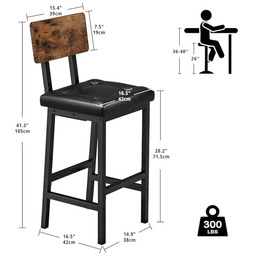 Rustic Brown & Black Bar Stools with Back & Footrest for Kitchen Island