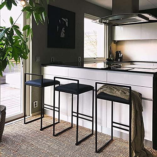 Set of 3 Velvet Upholstered Bar Stools with Backrest & Footrest - Ideal for Kitchen, Breakfast, Pub or Home Counter (26 Height, Black)