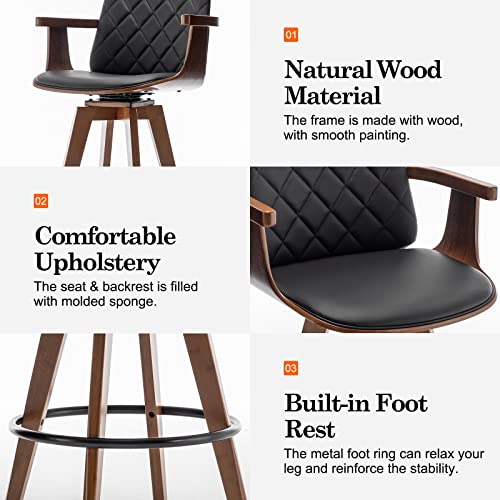 2 Upholstered Faux Leather Swivel Barstools with Wooden Arms and Legs, 25.6-Inch Seat Height - Black, 26 Counter Height