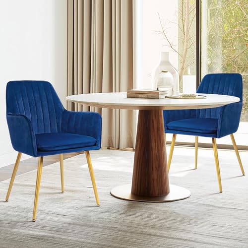 Modern Navy Blue Accent Chairs with Gold Metal Legs, Set of 2 - for Living or Dining Room